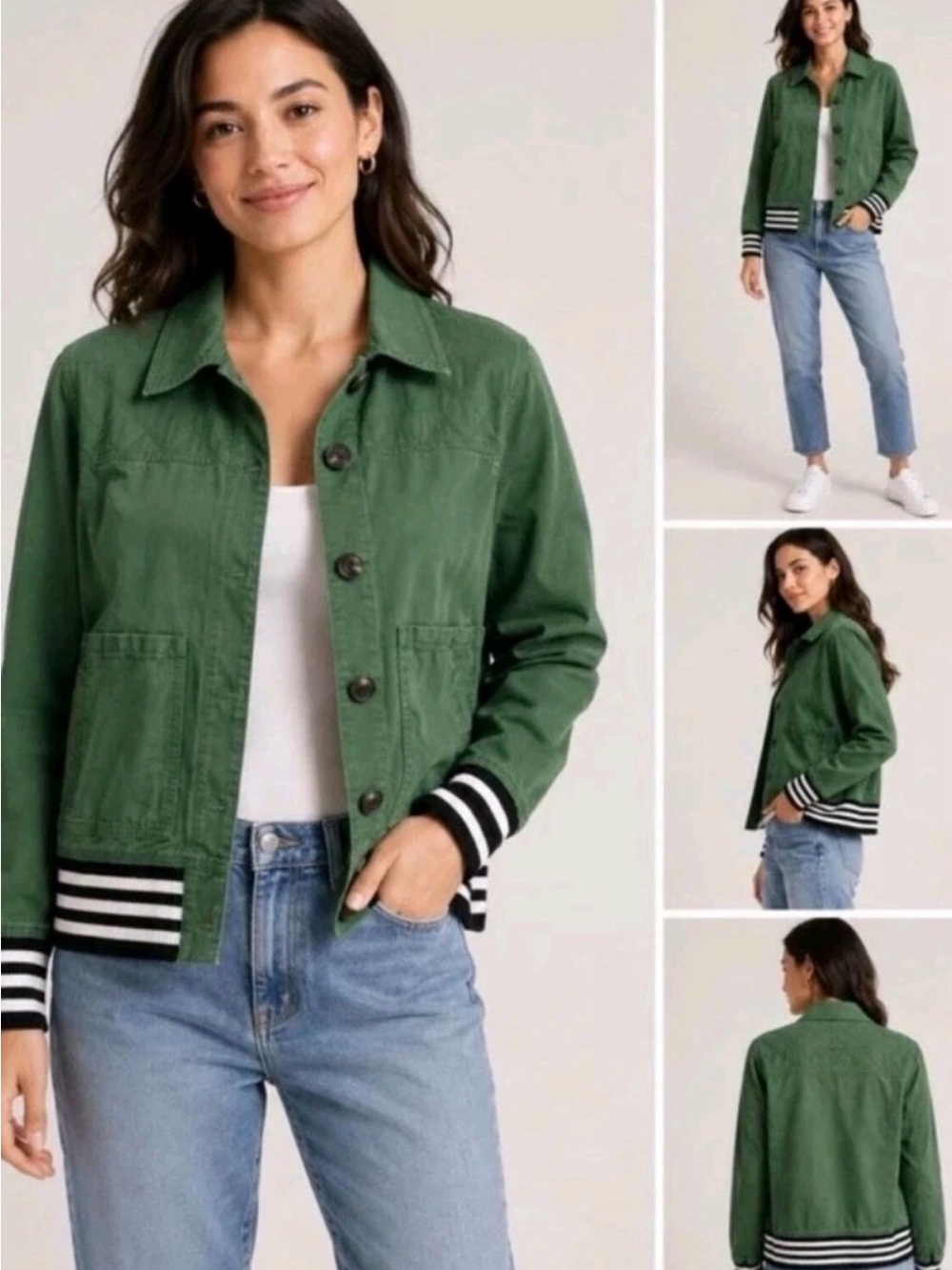 Cabi Green Utility Jacket Striped Ribbed Trim Size M Style 5852